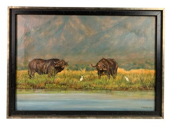 Cape Buffalo Landscape Oil On Canvas Painting, Signed S. Walton - #S24-1