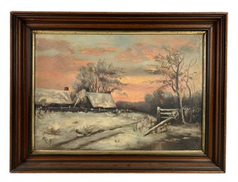 Antique Winter Farm Landscape Oil On Canvas Painting - #S24-1