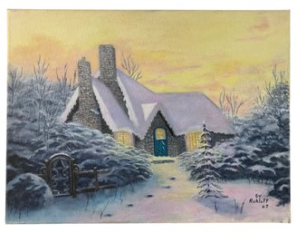 Winter Cottage Landscape Oil On Canvas Painting, Signed - #S24-1