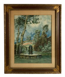 Italian Garden Fountain Watercolor Painting, Signed R.D. Nass - #S16-F