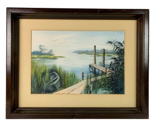 Coastal Marsh Landscape Watercolor Painting, Signed Holmes - #S16-F