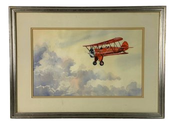 Red Bi-Plane In Flight Watercolor Painting - #S16-F