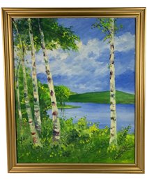 Mid-Century White Birch Lakeside Landscape Oil On Board Painting - #S16-F