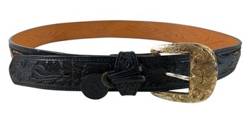 Tony Lama Western Black Tooled Leather Beaded Belt, Size 38 - #S23-5
