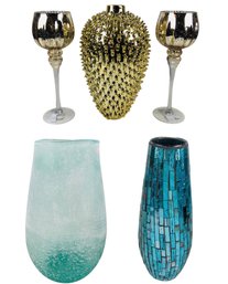 Gold Studded Ceramic Jar, Glass Votive Holders, Blue Mosaic Vase & Frosted Aqua Glass Vase - #W1