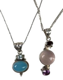 Sterling Silver Blue Chalcedony & Roe Quartz Pendant Necklaces (17.8 GRAMS) - #JC-B