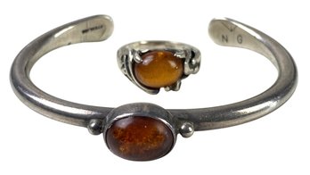 Sterling Silver Baltic Amber Cuff Bracelet & Ring Set (21.3 GRAMS) - #JC-B