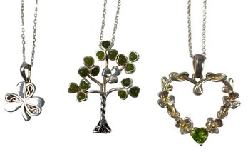 Irish Sterling Silver Pendant Necklaces: Connemara Marble Tree, Peridot Heart & Shamrock - #JC-B