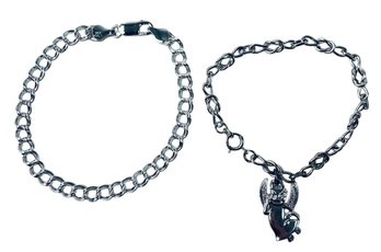 Italian Sterling Silver Double-Link Bracelet & Sterling Silver Charm Bracelet (16.1 GRAMS) - #JC-B