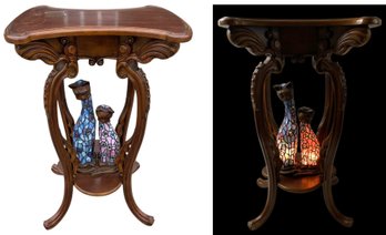 Carved Wood Accent Table With Stained Glass Cat Lamp (WORKS) - #FF