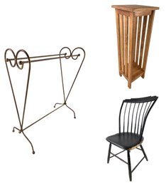 Antique J.R. Hunt Windsor Chair, Mission Style Oak Plant Stand & Metal Quilt Rack - #FF