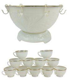 Sandwich Gold Rimmed Ivory Punch Bowl Set By Anchor Hocking - #S2-4