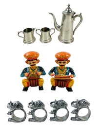 Rajasthani Musician Figures, Towle-Cromwell English Tea Set & Arthur Court Elephant Napkin Rings - #S2-1