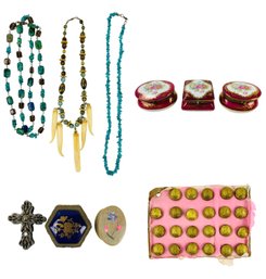 Italian Porcelain Trinket Boxes, Native American Necklaces, Antique Brass Postal Buttons & More - #S2-1