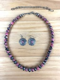 Sterling Silver Rhodonite Beaded Necklace & Earring Set - #JC-B3