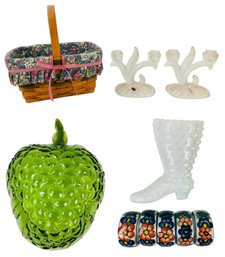 Longaberger Basket, Satin Glass Candleholders, Indian Glass Grape Bowl, Fenton Glass & More - #S2-4