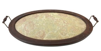 Mahogany Wood Oval Serving Tray With Floral Textile Under Glass - #S6-3