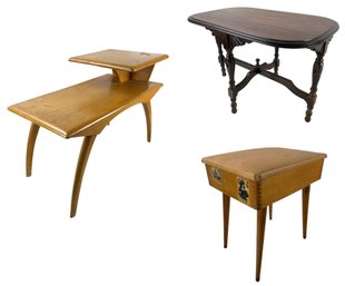 Heywood Wakefield Step Side Table, Retro Sewing Box Stool & Mahogany Coffee Table - #FF