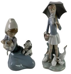 Lladro Porcelain Figurines: Girl With Umbrella And Geese & Little Friskies - #S4-3