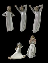 Lladro Porcelain Figurines: Boy Awakening, Girl Stretching, Angel Wondering & Spring Bouquet - #S3-2