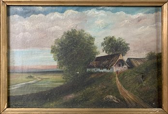 Antique European Pastoral Farm Landscape Oil Painting On Canvas, Signed - #RBW-W