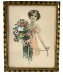 Antique Hand Colored Framed Print By Gartner & Bender, Flower Girl - #R2