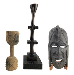 African Carved Wood Mask With Stand & Tribal Carved Wood Candlesticks - #S7-1
