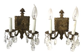 Pair Of Electrified Brass Wall Sconces With Pendalogues (Made In Spain) - #S9-1