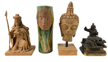 Decorative Sculptures: Carved Wood Myoken Bodhisattva, Buddha Head & More - #S1-1