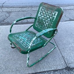 Mid-Century Green Metal Basketweave Outdoor Rocking Chair - #BOB