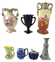 Doulton Burslem Flow Blue Creamer, Victoria Carlsbad Austria & Black Amethyst Vases - #S17-3