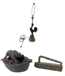 Rooster Table Lamp, John Wright Black Bear Cast Iron Steamer & Antique Sad Iron - #S7-1