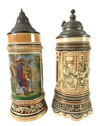 Pair Of German Hand Painted Pewter Lidded Beer Steins - #S13-2