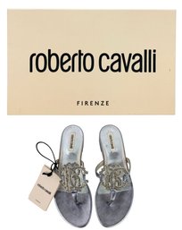 Roberto Cavalli Italian Leather Logo Embellished Metallic Sandals (NEW) - #S18-3