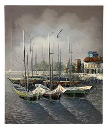 Sailboat Harbor Oil On Canvas Painting, Signed Hoppman - #R3