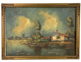 Antique Riverside Cottage Landscape Oil On Canvas Painting, Signed - #S13-F