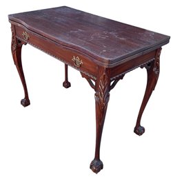 Antique Carved Mahogany Fold-Top Extension Table With Claw & Ball Feet - #FF