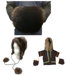Genuine Fur Hand Muff, Racoon Fur Trapper Hat & Fur Lined Felt Doll-Sized Parka - #S19-2