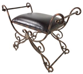 Scrolled Wrought Iron Upholstered Vanity Bench - #FF