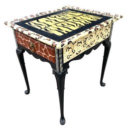 Hand Painted Animal Print Single Drawer Accent Table With Lion Head Drawer Pull - #BR