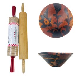 Teak Wood Salad Bowl, (NEW) Bethany Houseware Corrugated & Rowoco Rolling Pins - #S7-1