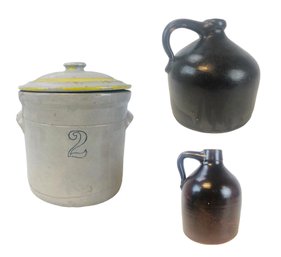 Antique 2-Gallon Stoneware Crock & Brown Stoneware Jugs - #S18-1