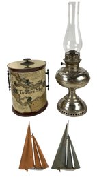 Curtis Jere Style Metal Art Sailboats, Treasure Map Ice Bucket By Cera & Rayo Oil Lamp - #S11-1