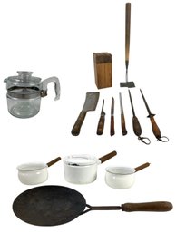 Vintage Enamel Saucepans, Meat Cleaver & Kitchen Knives, Pyrex Percolator & More - #S8-1