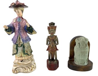 Cordey Chinese Porcelain Figurine, Carved Wood Balinese Deity & Buddha Bust On Wood Stand - #S9-2