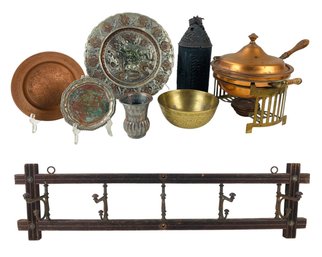 Antique Coat Rack, Brass Chinese Bowl, Egyptian Metal Vase, Copper Chafing Dish & More - #S15-1