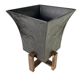 Chinese Landscape Decorated Toleware Planter With Wood Stand - #FF