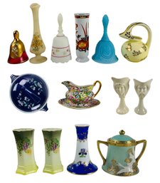 Porcelain Hat Pin Holders, Fenton Bells, Nippon Sugar Bowl & More - #S14-3