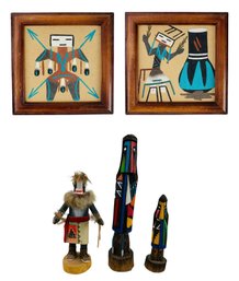 Native American Signed Carved Wood Kachina Dolls & Navajo Sand Paintings - #S2-3