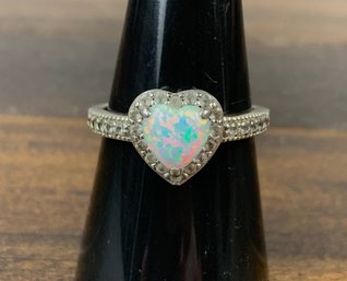 Sterling Silver Heart Shaped Opal & Cubic Zirconia Ring, Size 8.5 - #JB